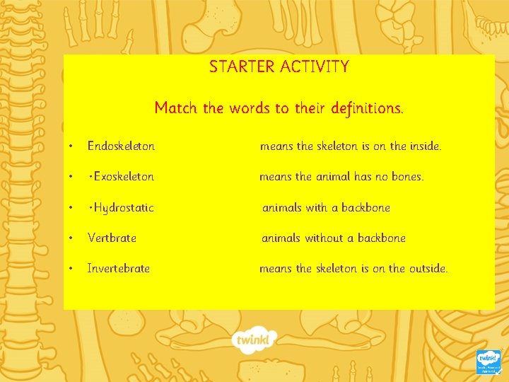 STARTER ACTIVITY Match the words to their definitions. • Endoskeleton means the skeleton is