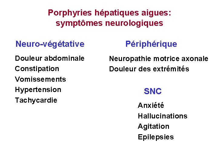 Porphyries hépatiques aigues: symptômes neurologiques Neuro-végétative Douleur abdominale Constipation Vomissements Hypertension Tachycardie Périphérique Neuropathie