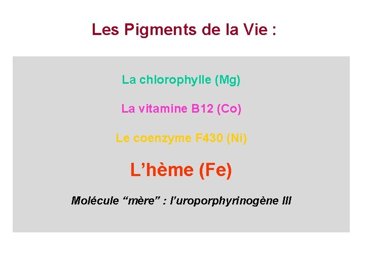 Les Pigments de la Vie : La chlorophylle (Mg) La vitamine B 12 (Co)