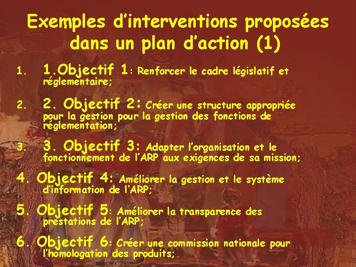 Exemples d’interventions proposées dans un plan d’action (1) 1. Objectif 1: 2. Objectif 2: