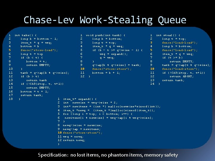 Chase-Lev Work-Stealing Queue 1 void push(int task) { 1 int steal() { 1 int