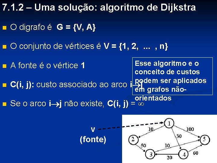 7. 1. 2 – Uma solução: algoritmo de Dijkstra n O digrafo é G