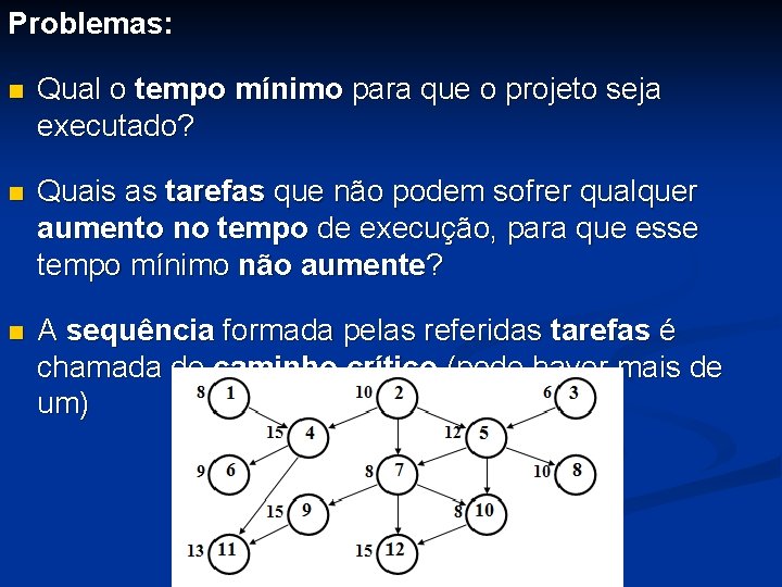 Problemas: n Qual o tempo mínimo para que o projeto seja executado? n Quais