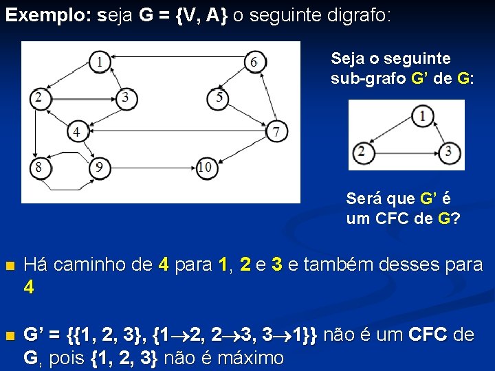 Exemplo: seja G = {V, A} o seguinte digrafo: Seja o seguinte sub-grafo G’