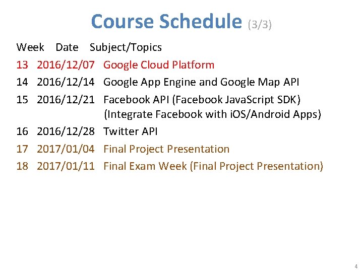 Course Schedule (3/3) Week Date Subject/Topics 13 2016/12/07 Google Cloud Platform 14 2016/12/14 Google