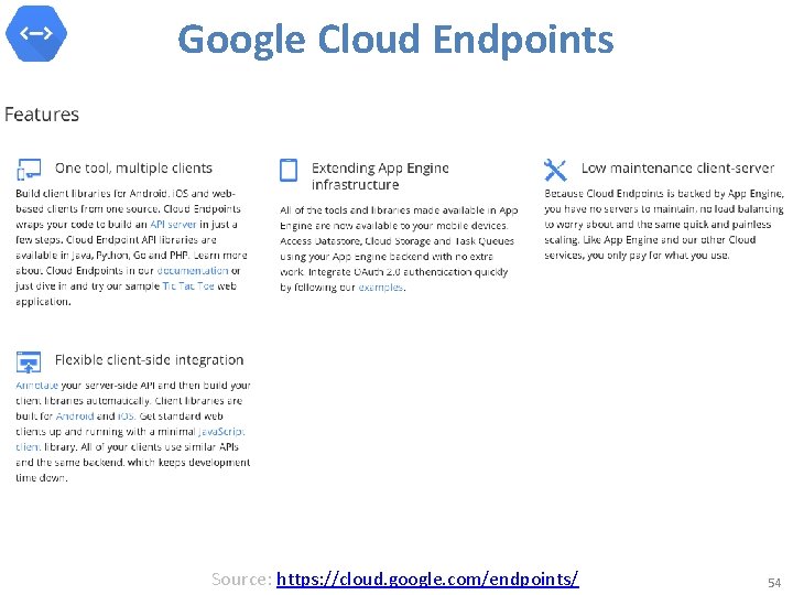 Google Cloud Endpoints Source: https: //cloud. google. com/endpoints/ 54 