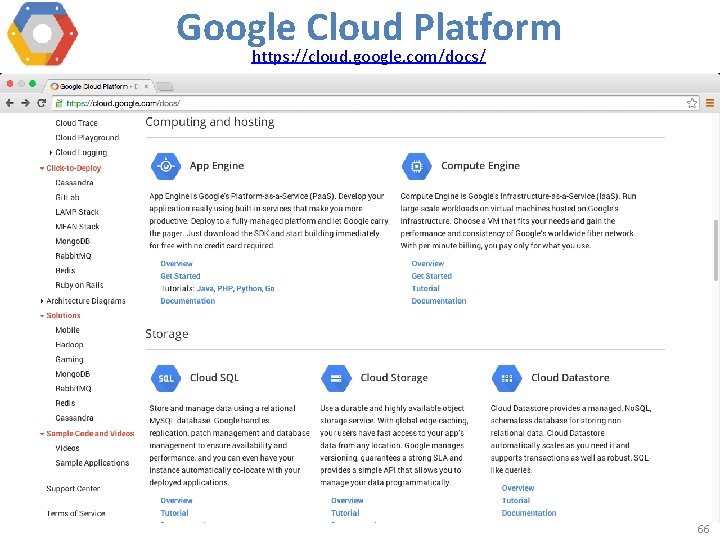 Google Cloud Platform https: //cloud. google. com/docs/ 66 