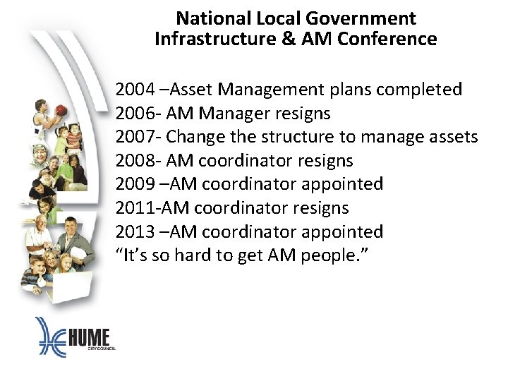 National Local Government Infrastructure & AM Conference 2004 –Asset Management plans completed 2006 -