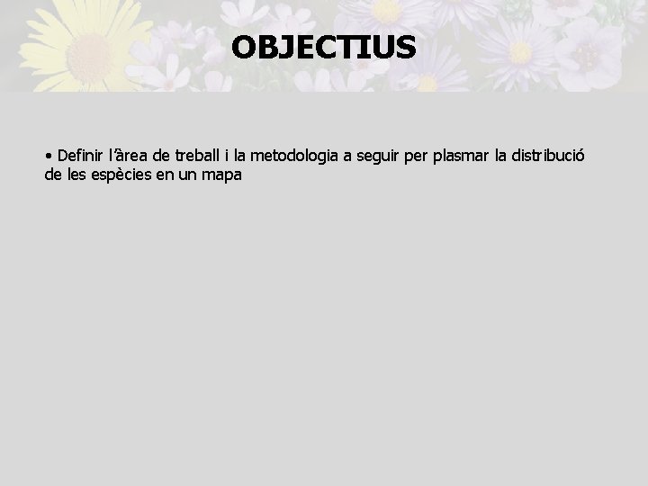 OBJECTIUS • Definir l’àrea de treball i la metodologia a seguir per plasmar la