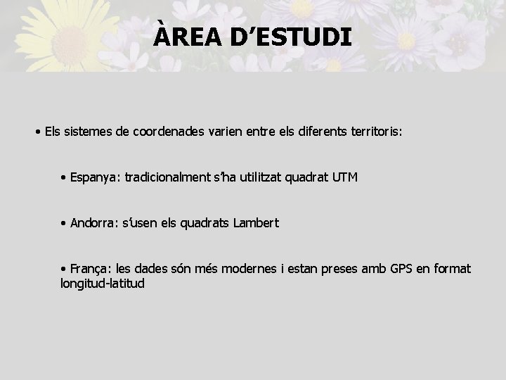 ÀREA D’ESTUDI • Els sistemes de coordenades varien entre els diferents territoris: • Espanya: