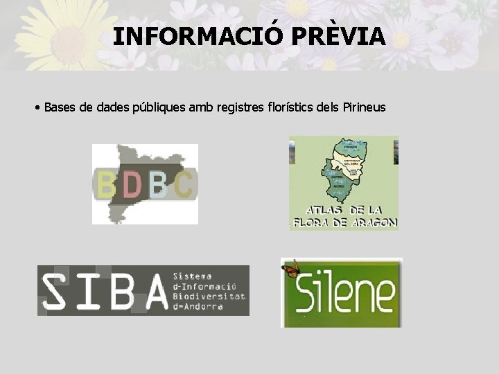 INFORMACIÓ PRÈVIA • Bases de dades públiques amb registres florístics dels Pirineus 