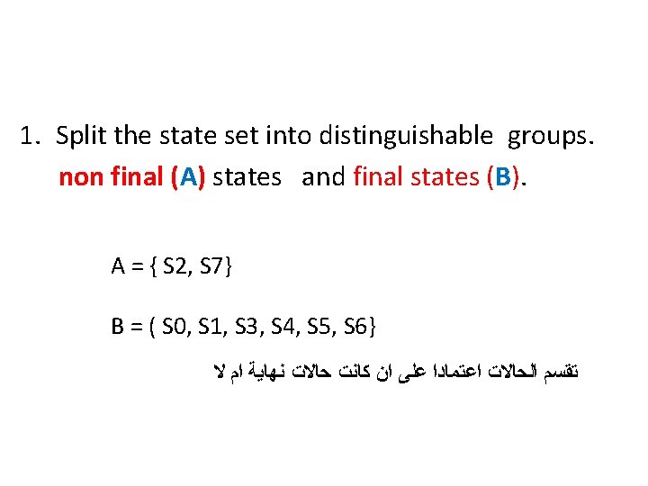 1. Split the state set into distinguishable groups. non final (A) states and final