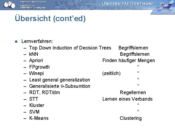 Übersicht (cont’ed) n Lernverfahren: – Top Down Induction of Decision Trees Begriffslernen – k.