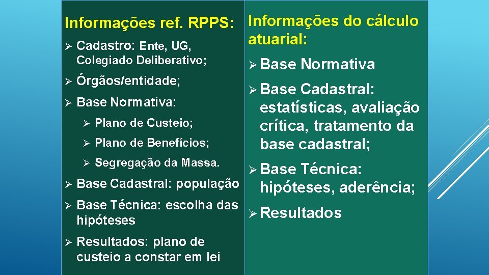 Informações ref. RPPS: Informações do cálculo atuarial: Ø Cadastro: Ente, UG, Colegiado Deliberativo; Ø