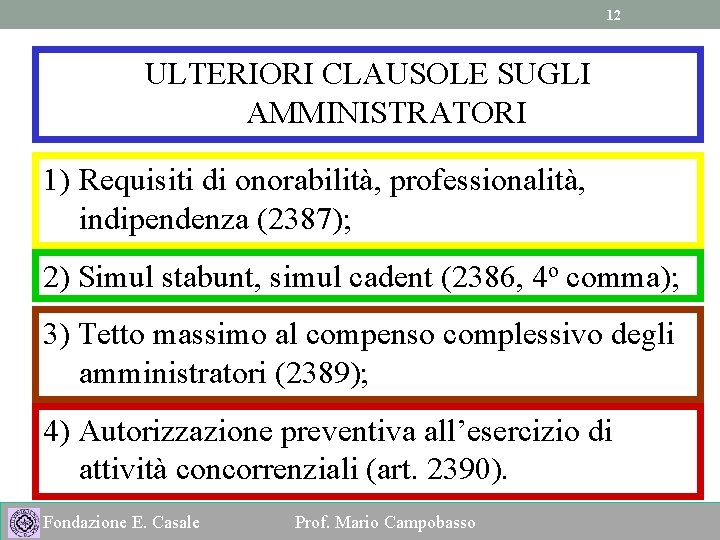 12 ULTERIORI CLAUSOLE SUGLI AMMINISTRATORI 1) Requisiti di onorabilità, professionalità, indipendenza (2387); 2) Simul