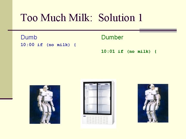 Too Much Milk: Solution 1 Dumber 10: 00 if (no milk) { 10: 01