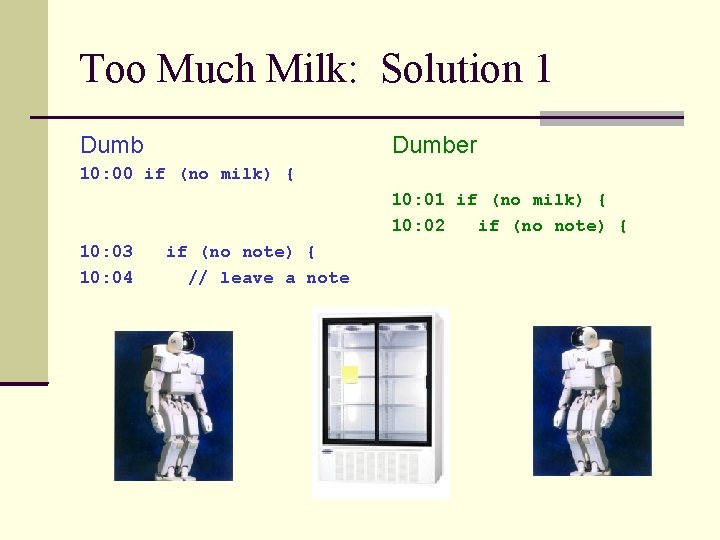 Too Much Milk: Solution 1 Dumber 10: 00 if (no milk) { 10: 01