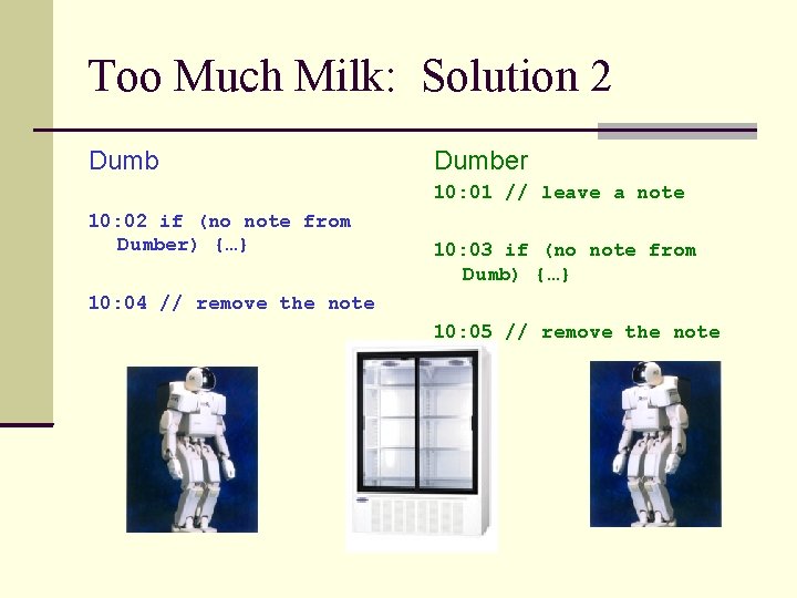 Too Much Milk: Solution 2 Dumber 10: 01 // leave a note 10: 02