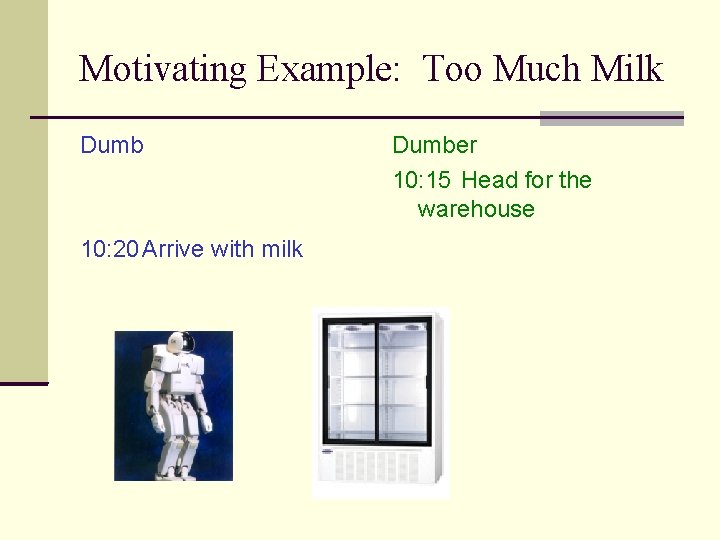 Motivating Example: Too Much Milk Dumb 10: 20 Arrive with milk Dumber 10: 15