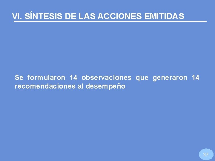 VI. SÍNTESIS DE LAS ACCIONES EMITIDAS Se formularon 14 observaciones que generaron 14 recomendaciones