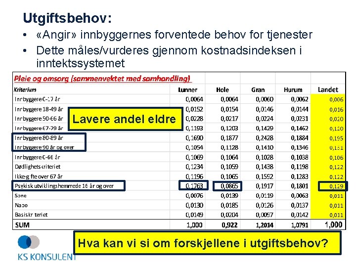 Utgiftsbehov: • «Angir» innbyggernes forventede behov for tjenester • Dette måles/vurderes gjennom kostnadsindeksen i