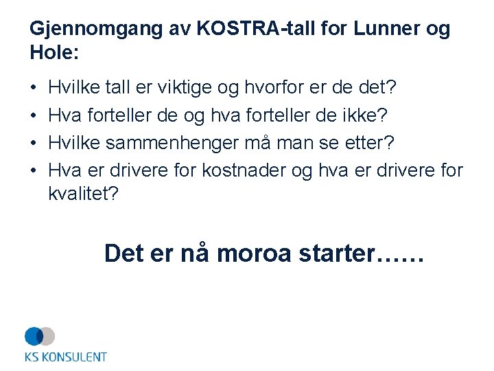 Gjennomgang av KOSTRA-tall for Lunner og Hole: • • Hvilke tall er viktige og