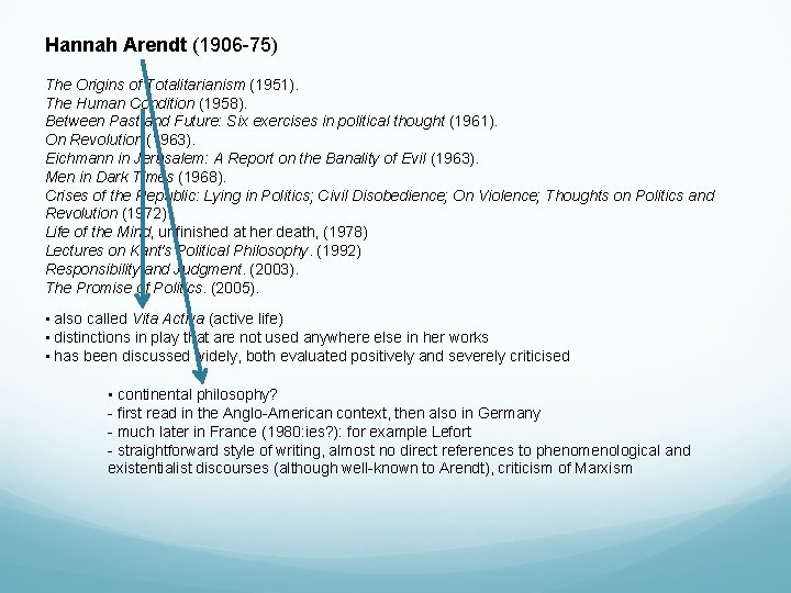 Hannah Arendt (1906 -75) The Origins of Totalitarianism (1951). The Human Condition (1958). Between