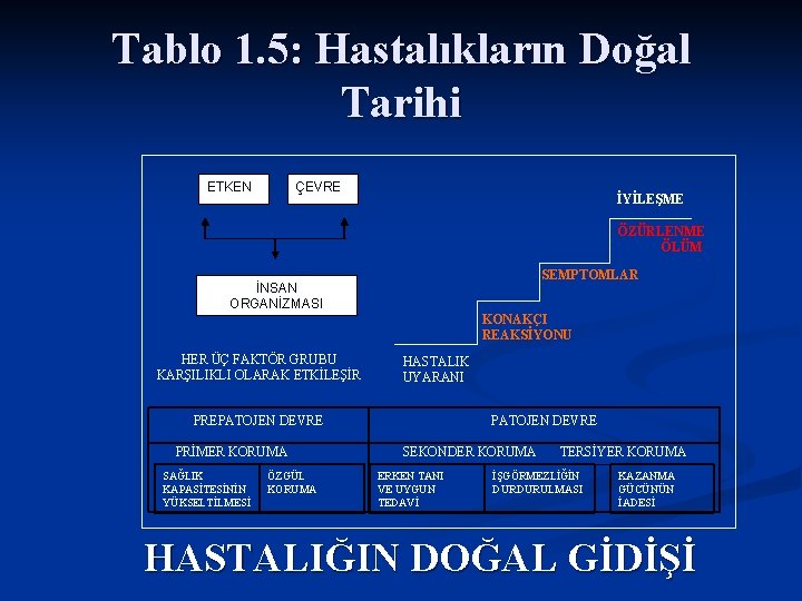 Tablo 1. 5: Hastalıkların Doğal Tarihi ETKEN ÇEVRE İYİLEŞME ÖZÜRLENME ÖLÜM SEMPTOMLAR İNSAN ORGANİZMASI