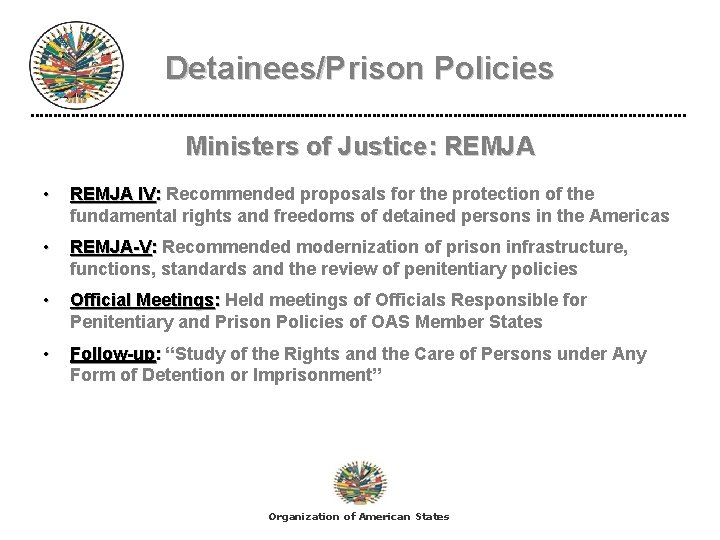 Detainees/Prison Policies Ministers of Justice: REMJA • REMJA IV: Recommended proposals for the protection