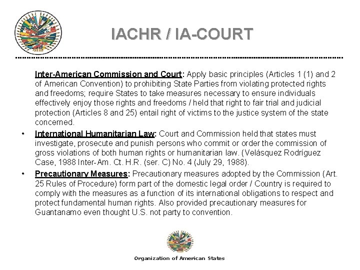 IACHR / IA-COURT • • Inter-American Commission and Court: Apply basic principles (Articles 1