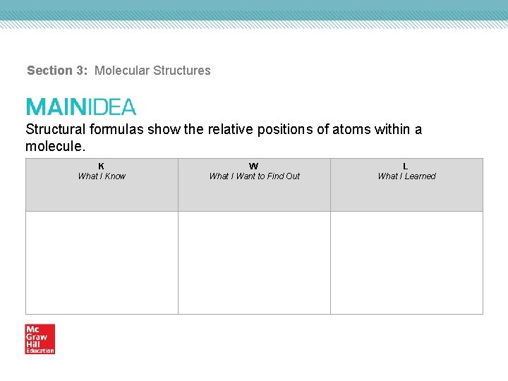 Basic Forula Structure Section 3 Molecular Structures Structural formulas show the