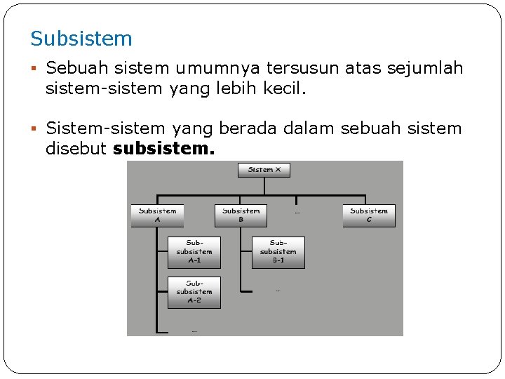 Subsistem § Sebuah sistem umumnya tersusun atas sejumlah sistem-sistem yang lebih kecil. § Sistem-sistem