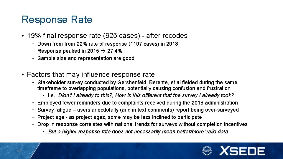 Response Rate • 19% final response rate (925 cases) - after recodes • Down