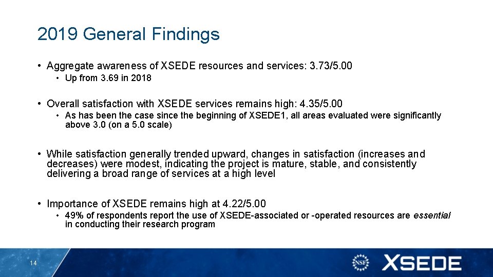 2019 General Findings • Aggregate awareness of XSEDE resources and services: 3. 73/5. 00