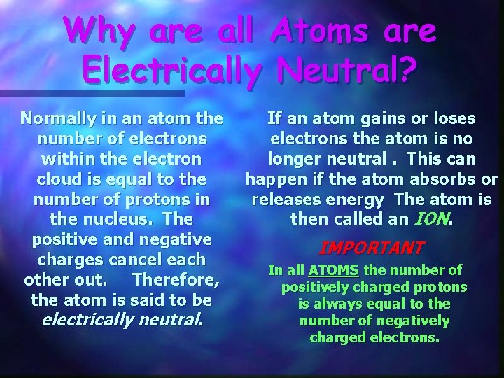 Why are all Atoms are Electrically Neutral? Normally in an atom the number of Why are all Atoms are Electrically Neutral? Normally in an atom the number of