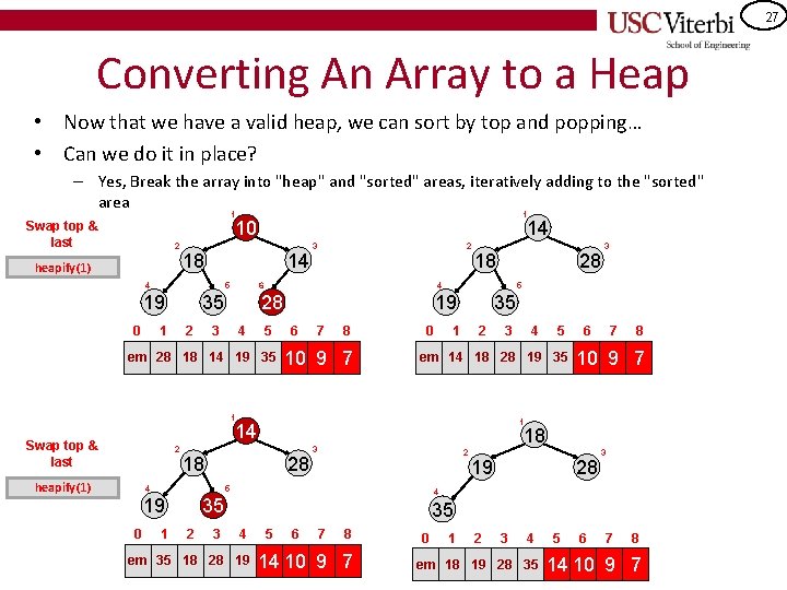 27 Converting An Array to a Heap • Now that we have a valid