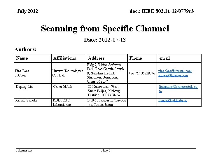 July 2012 doc. : IEEE 802. 11 -12/0779 r 3 Scanning from Specific Channel