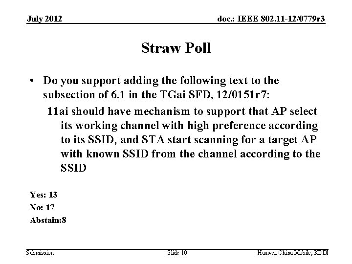 July 2012 doc. : IEEE 802. 11 -12/0779 r 3 Straw Poll • Do