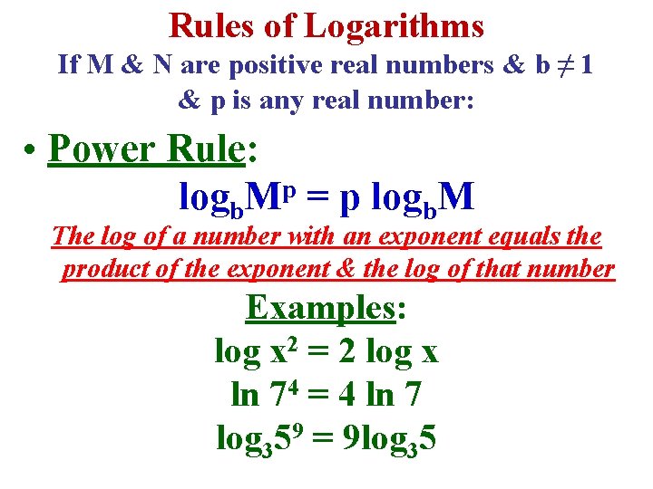 Rules of Logarithms If M & N are positive real numbers & b ≠