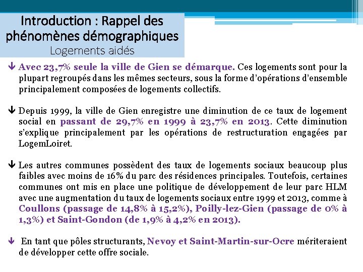 Introduction : Rappel des phénomènes démographiques Logements aidés ê Avec 23, 7% seule la