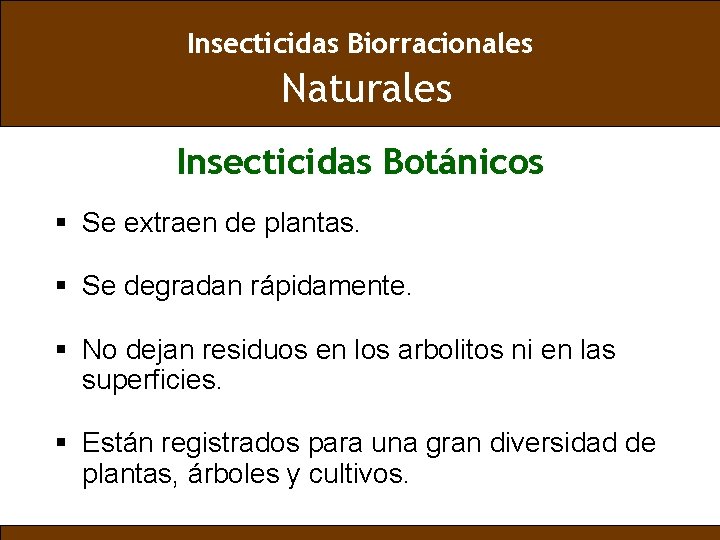 Insecticidas Biorracionales Naturales Insecticidas Botánicos § Se extraen de plantas. § Se degradan rápidamente.