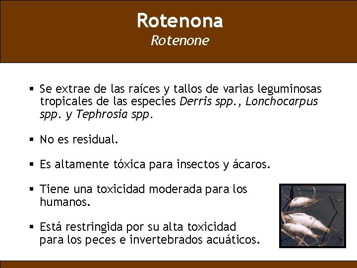 Rotenona Rotenone § Se extrae de las raíces y tallos de varias leguminosas tropicales