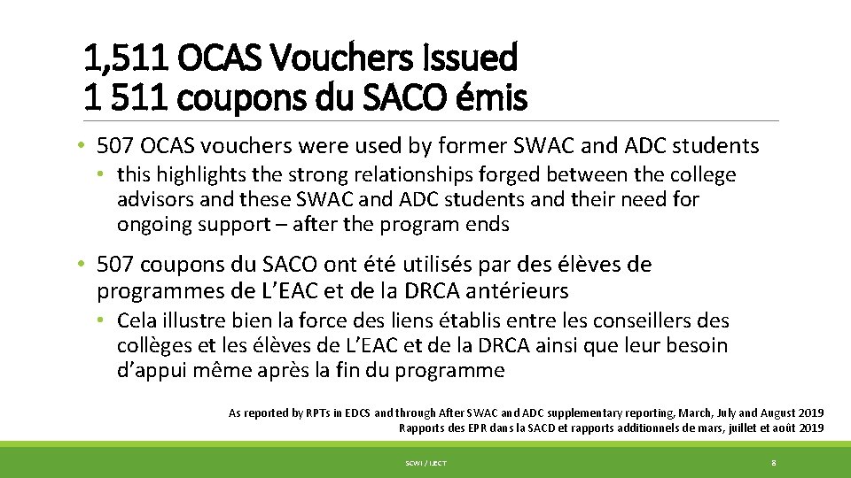 1, 511 OCAS Vouchers Issued 1 511 coupons du SACO émis • 507 OCAS