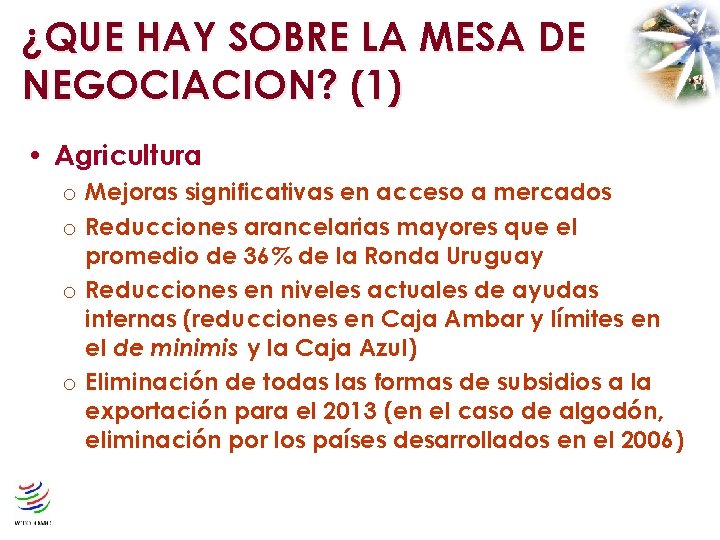 ¿QUE HAY SOBRE LA MESA DE NEGOCIACION? (1) • Agricultura Mejoras significativas en acceso