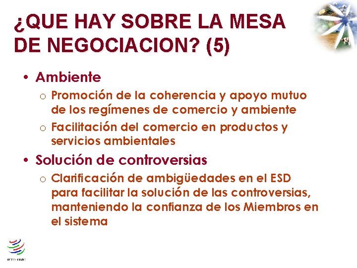 ¿QUE HAY SOBRE LA MESA DE NEGOCIACION? (5) • Ambiente Promoción de la coherencia