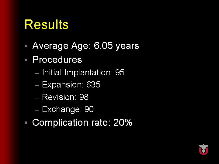 Results Average Age: 6. 05 years § Procedures § Initial Implantation: 95 – Expansion: