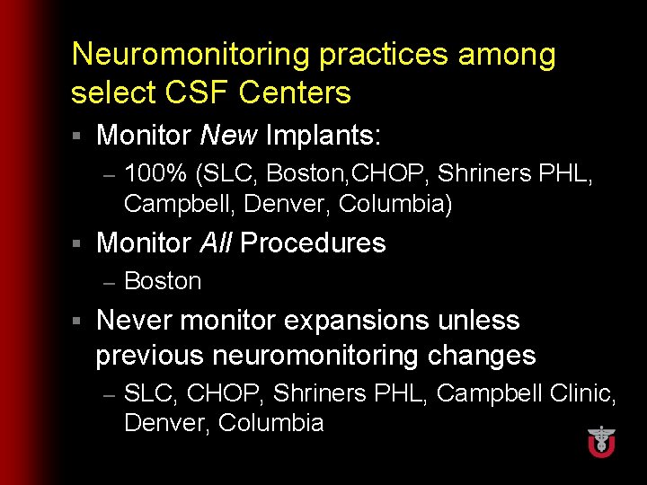Neuromonitoring practices among select CSF Centers § Monitor New Implants: – § Monitor All