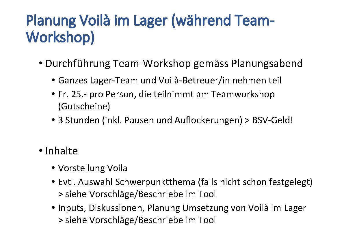 Planung Voilà im Lager (während Team. Workshop) • Durchführung Team-Workshop gemäss Planungsabend • Ganzes