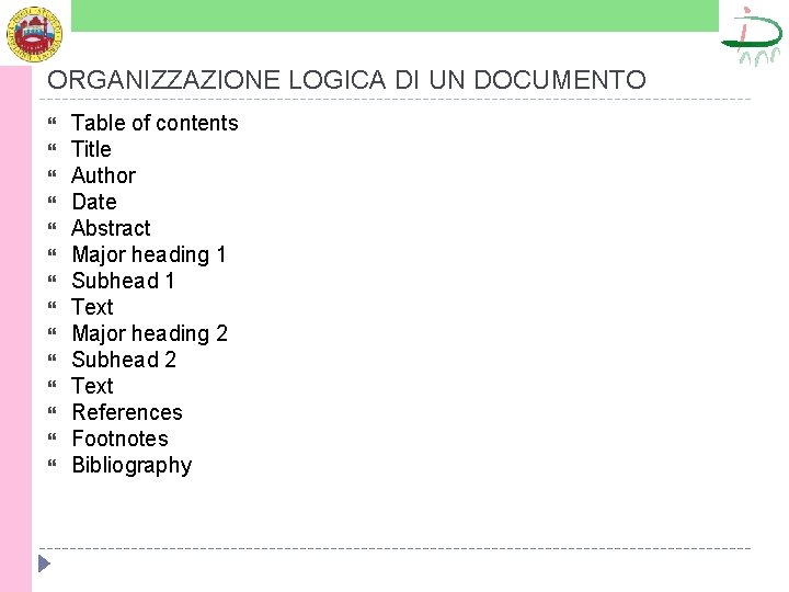 ORGANIZZAZIONE LOGICA DI UN DOCUMENTO Table of contents Title Author Date Abstract Major heading