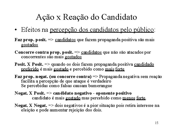 Ação x Reação do Candidato • Efeitos na percepção dos candidatos pelo público: Faz